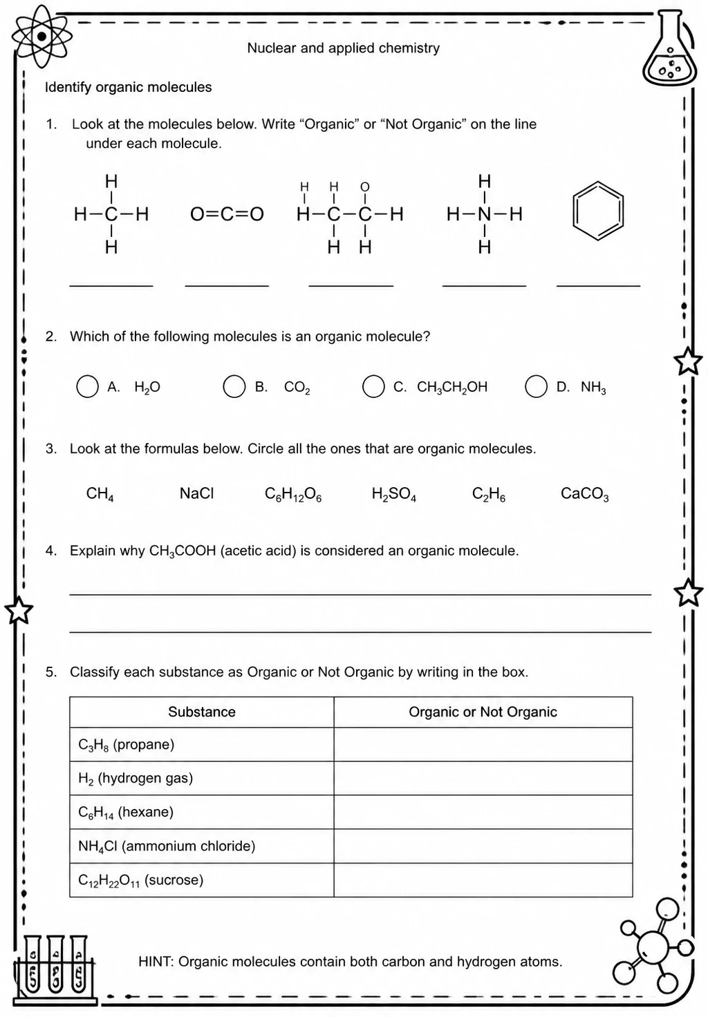 Identify organic molecules — free printable High School Science worksheet