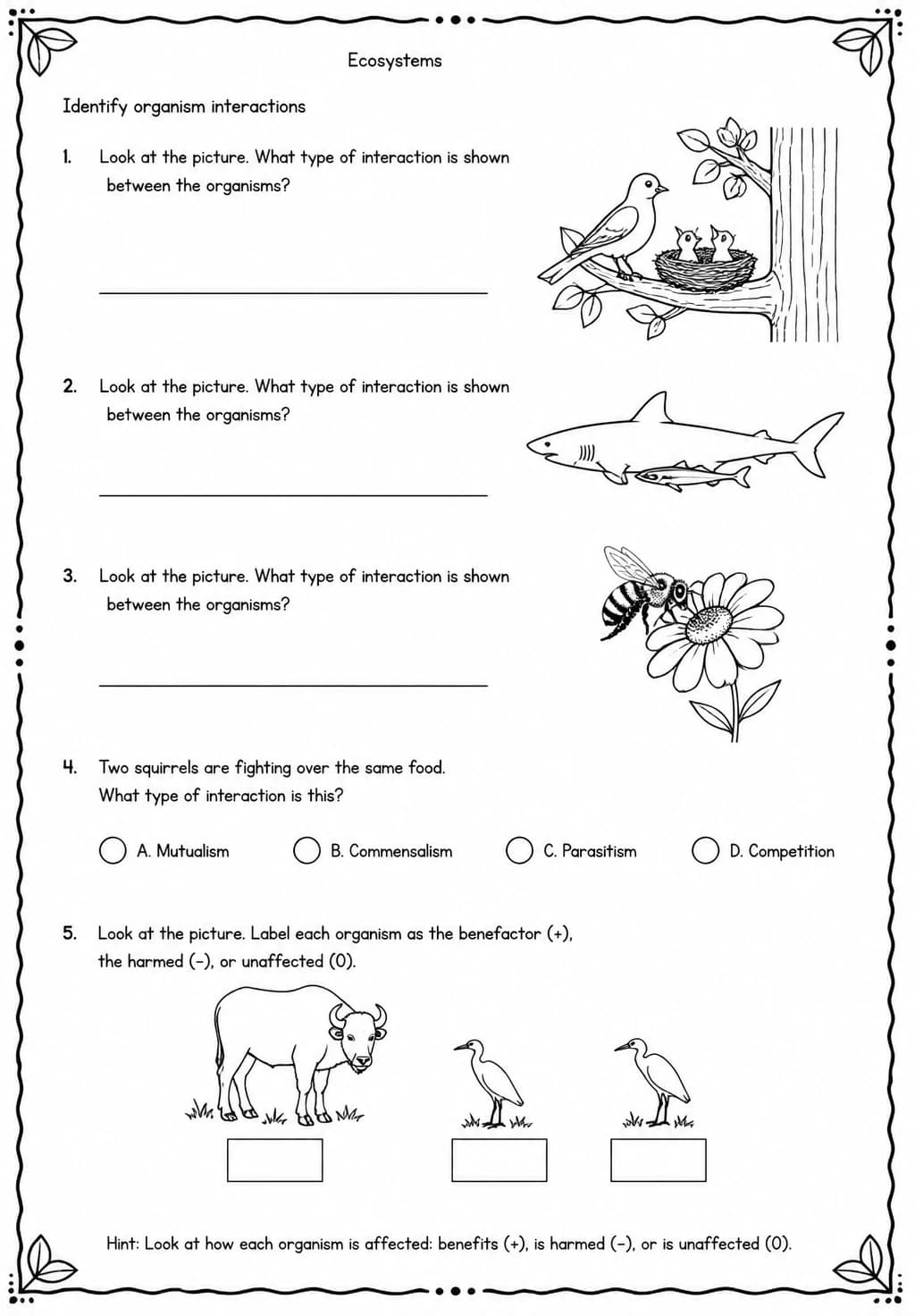 Identify organism interactions — free printable Grade 5 Science worksheet