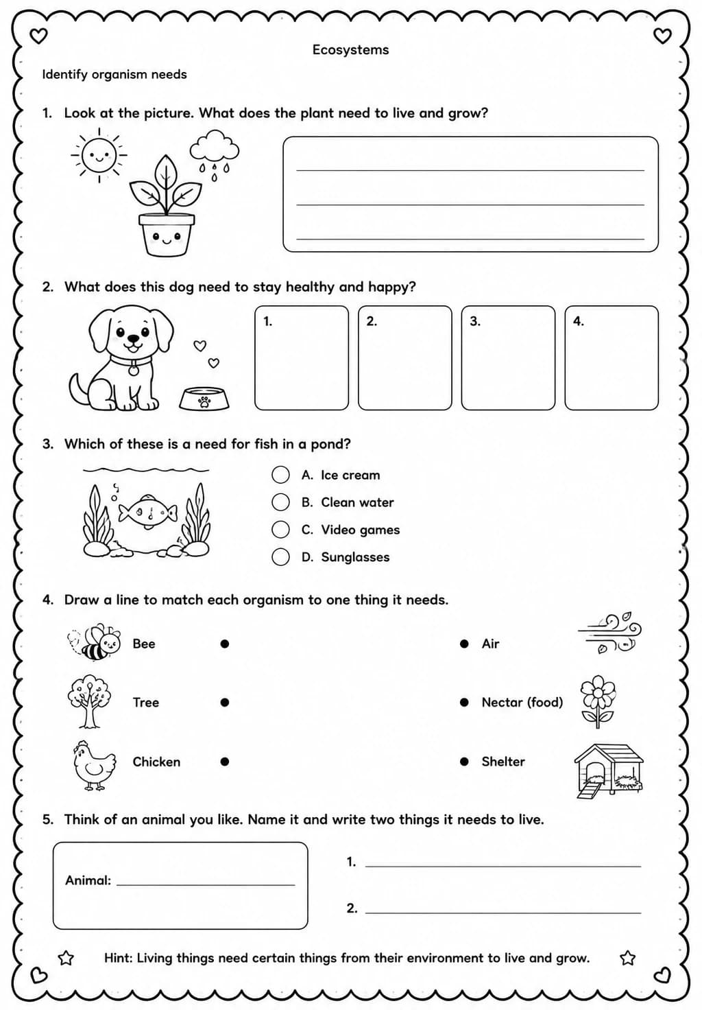 Identify organism needs — free printable Grade 3 Science worksheet
