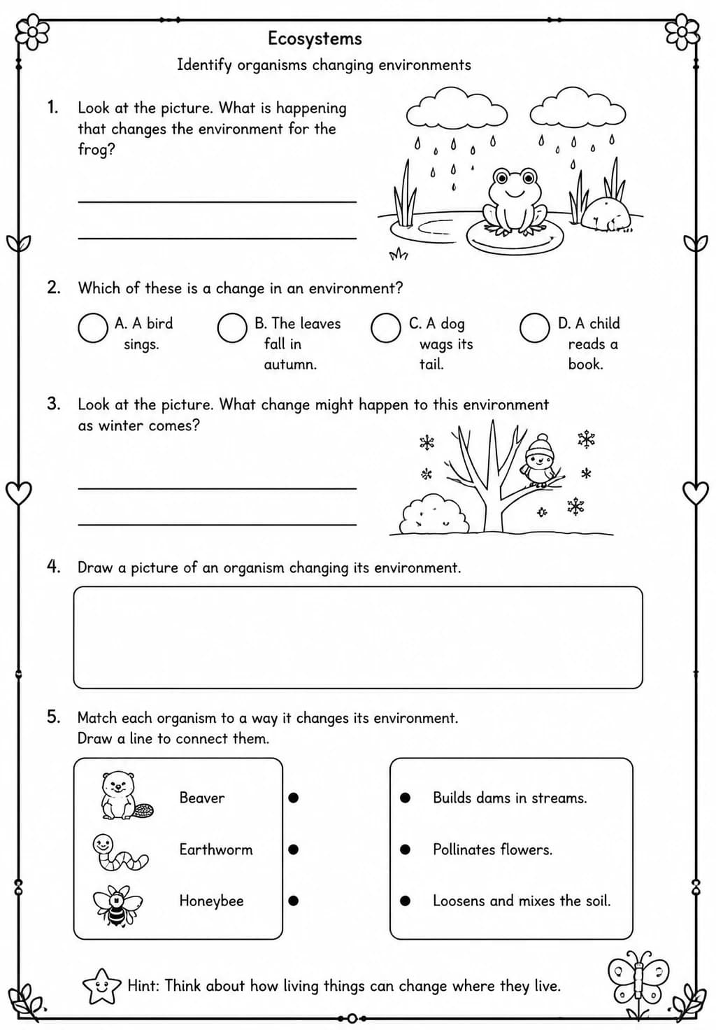 Identify organisms changing environments — free printable Grade 1 Science worksheet
