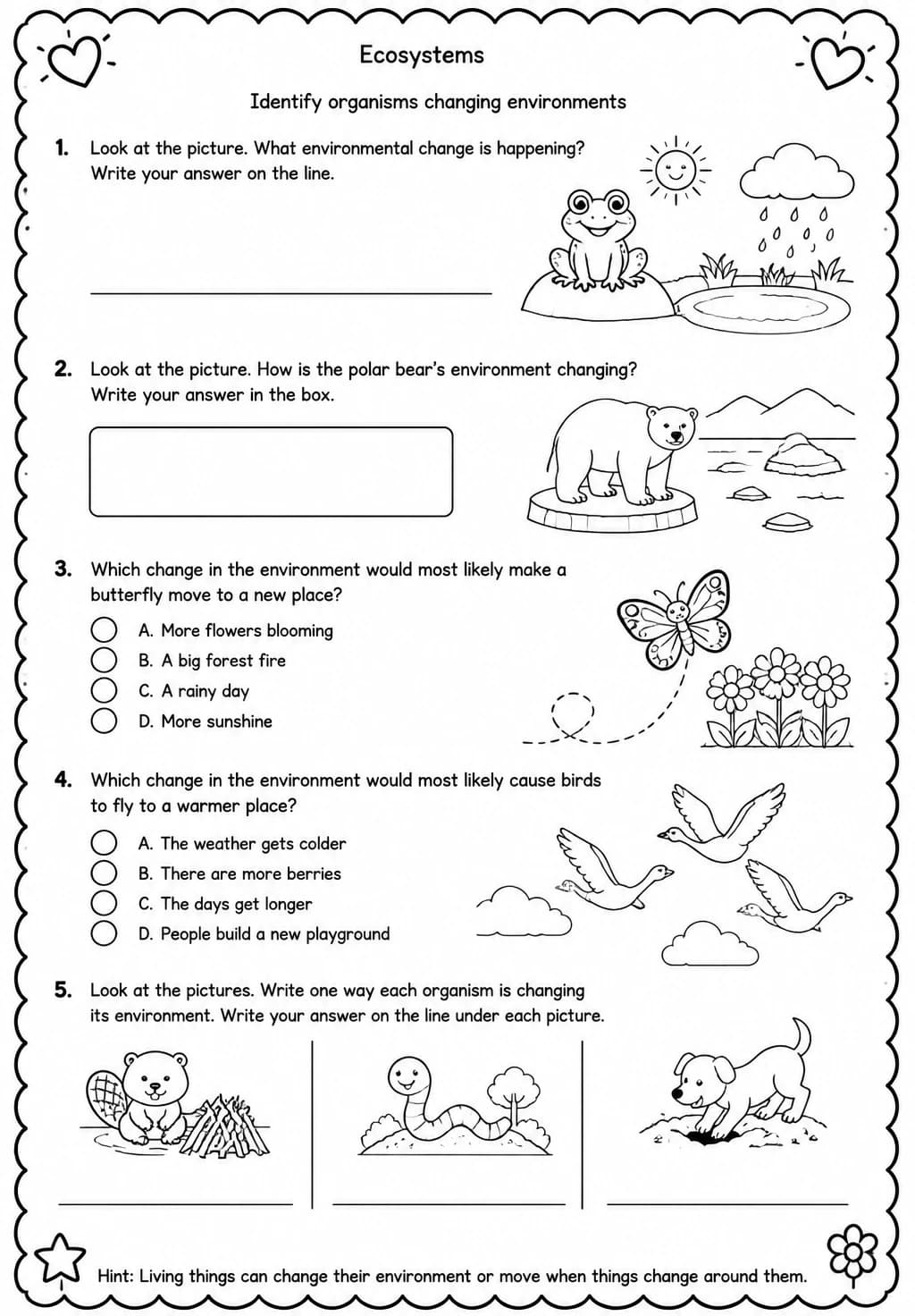 Identify organisms changing environments — free printable Grade 2 Science worksheet