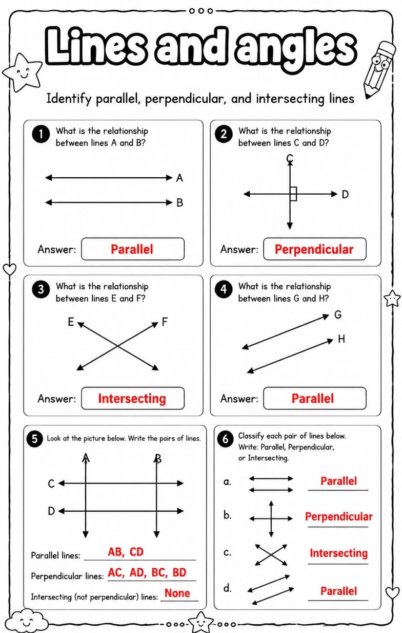 Answer key for Identify parallel, perpendicular, and intersecting lines — free printable Math worksheet