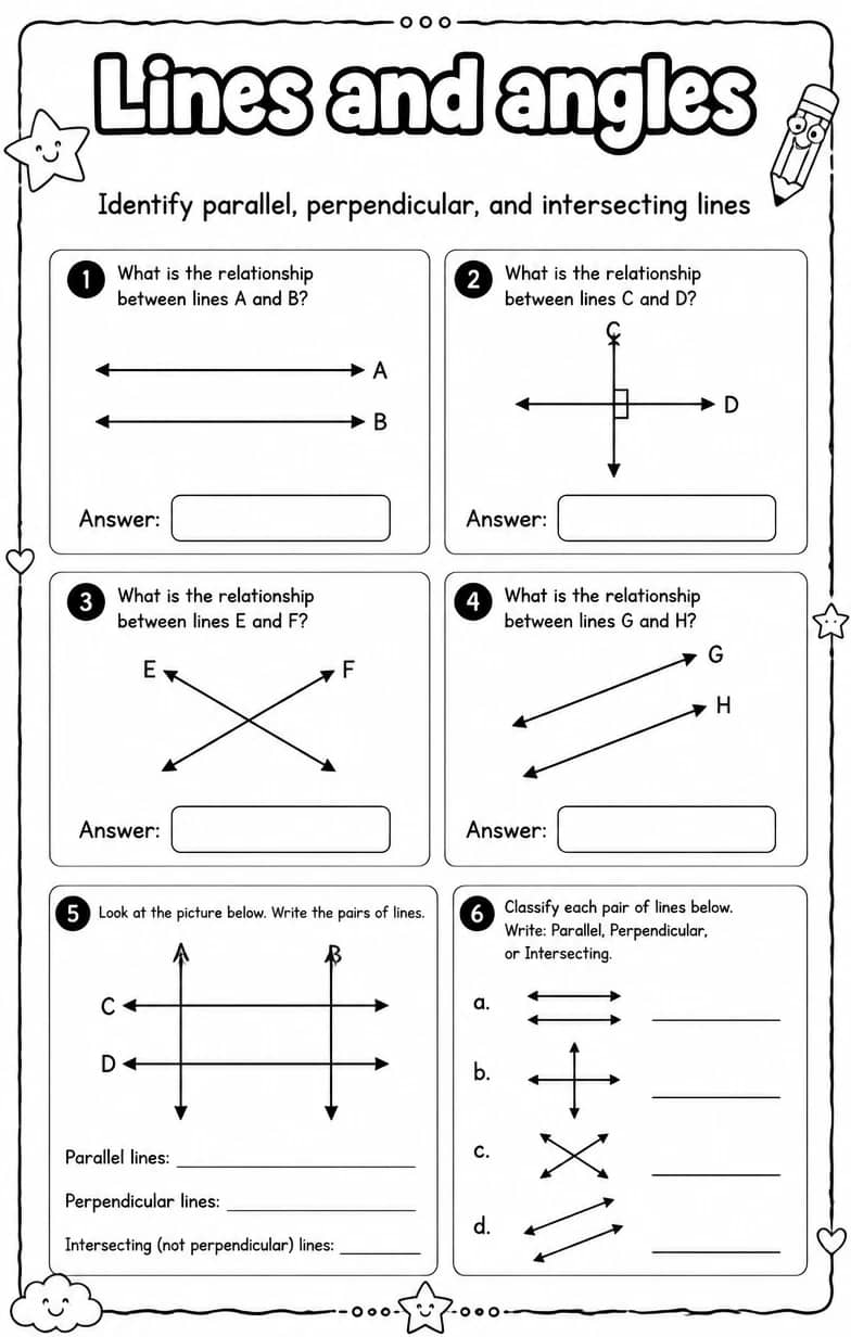 Identify parallel, perpendicular, and intersecting lines — free printable Grade 4 math worksheet