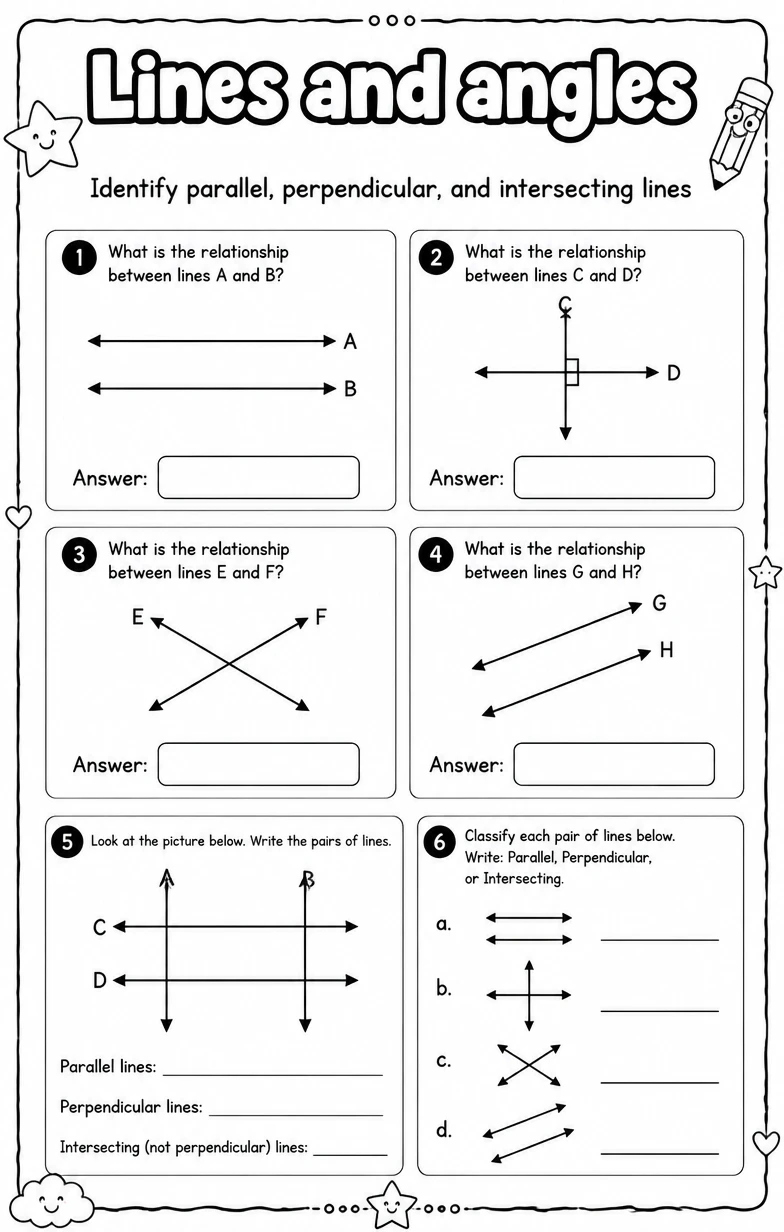 Identify parallel, perpendicular, and intersecting lines — free printable Grade 4 Math worksheet