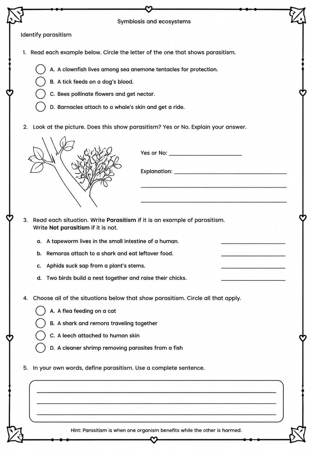 Identify parasitism — free printable Middle School Science worksheet