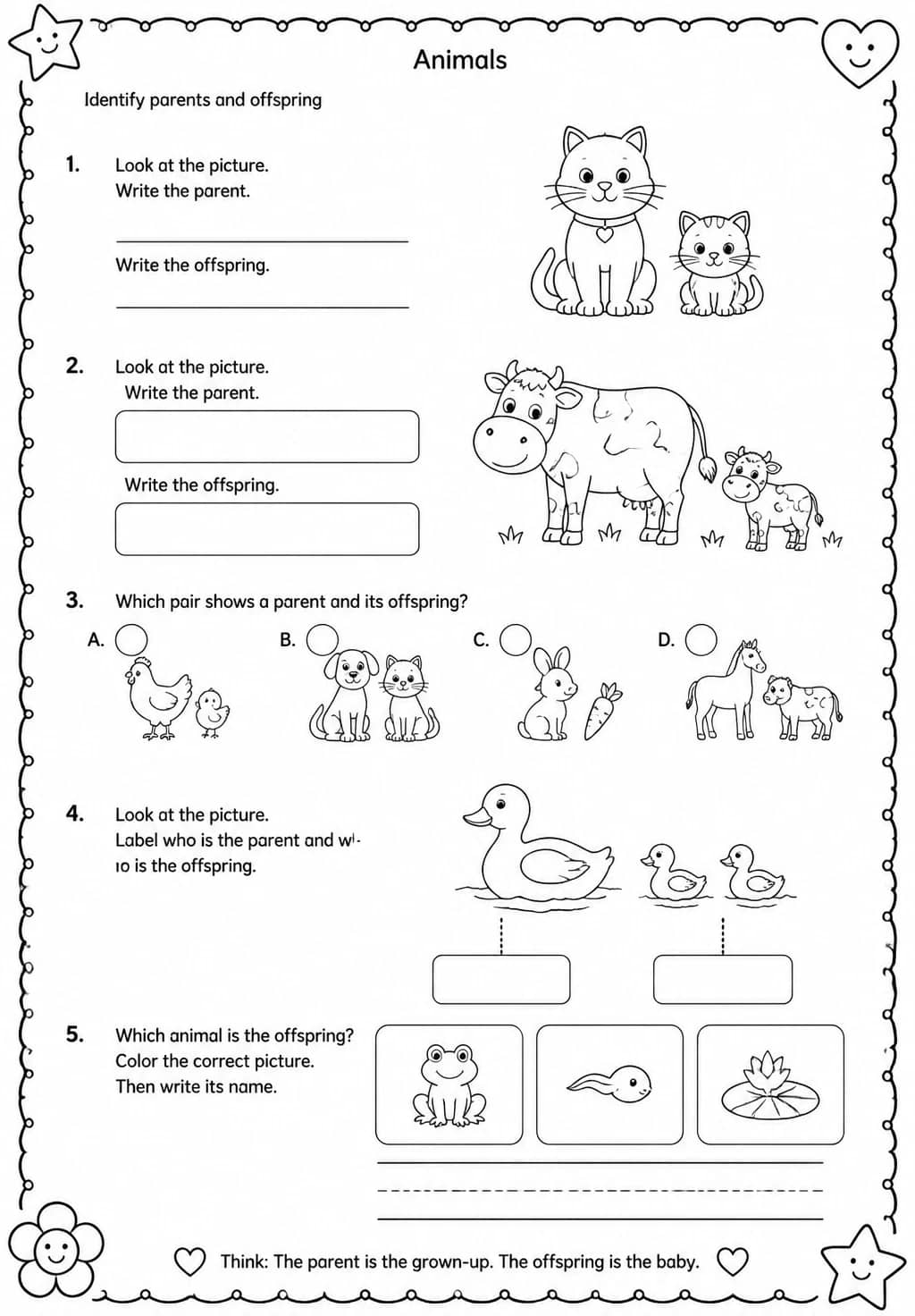 Identify parents and offspring — free printable Grade 1 Science worksheet