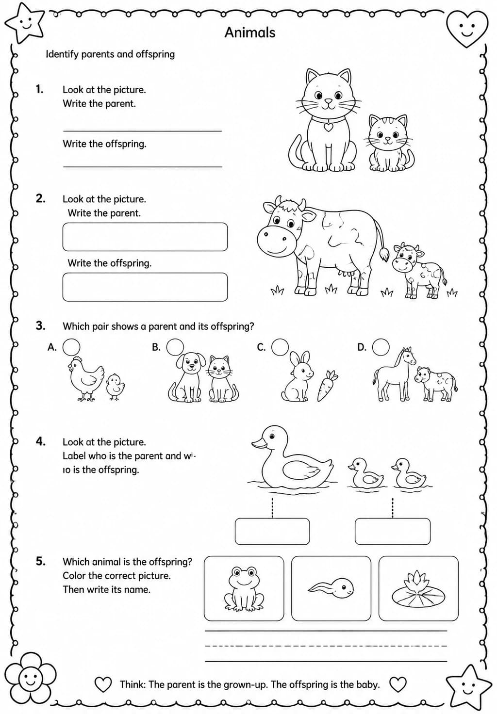 Identify parents and offspring — free printable Grade 1 Science worksheet