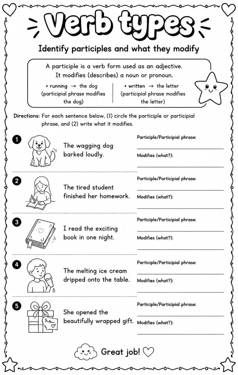 Identify participles and what they modify — free printable Grammar and mechanics English worksheet