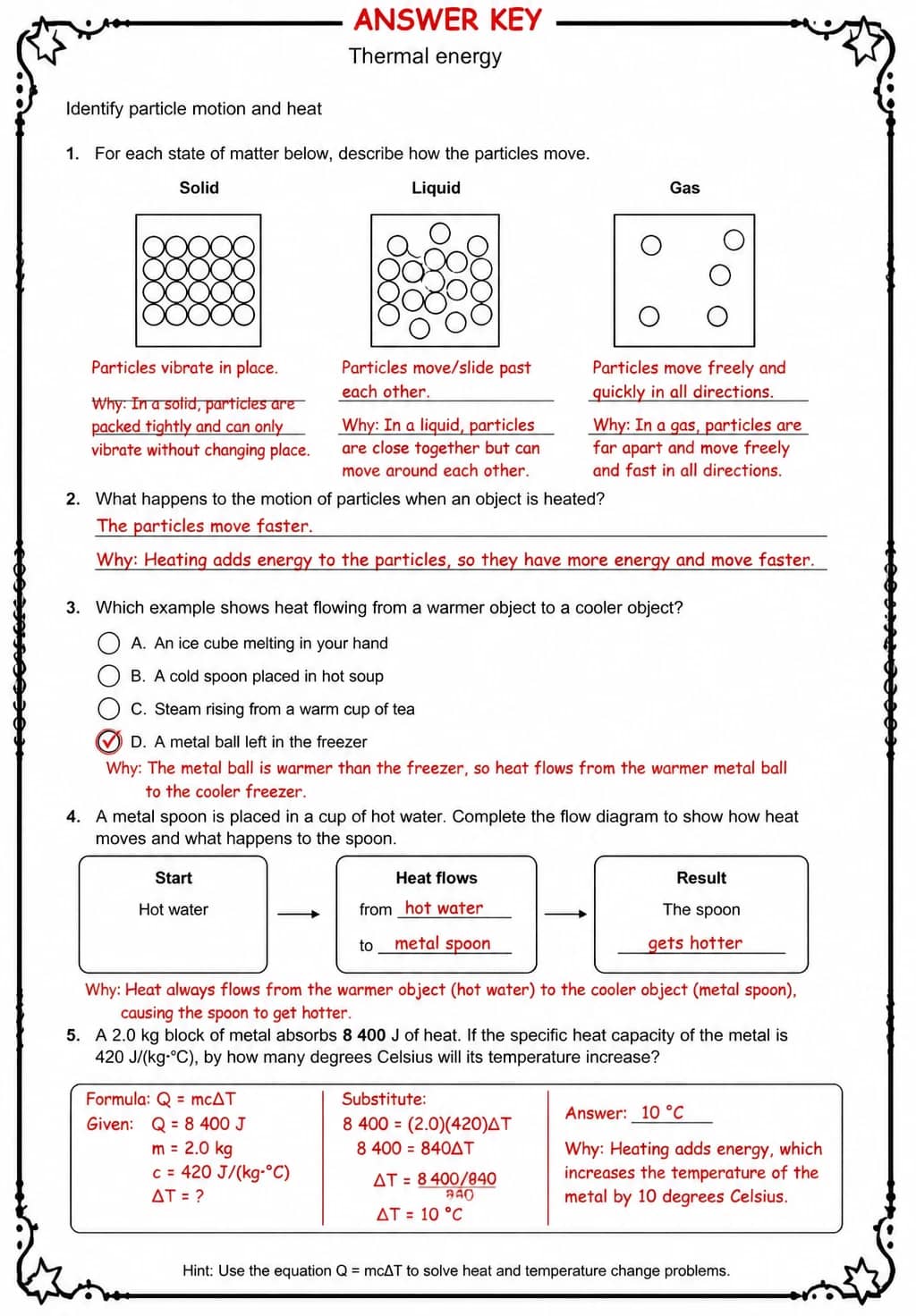 Answer key for Identify particle motion and heat — free printable Science worksheet