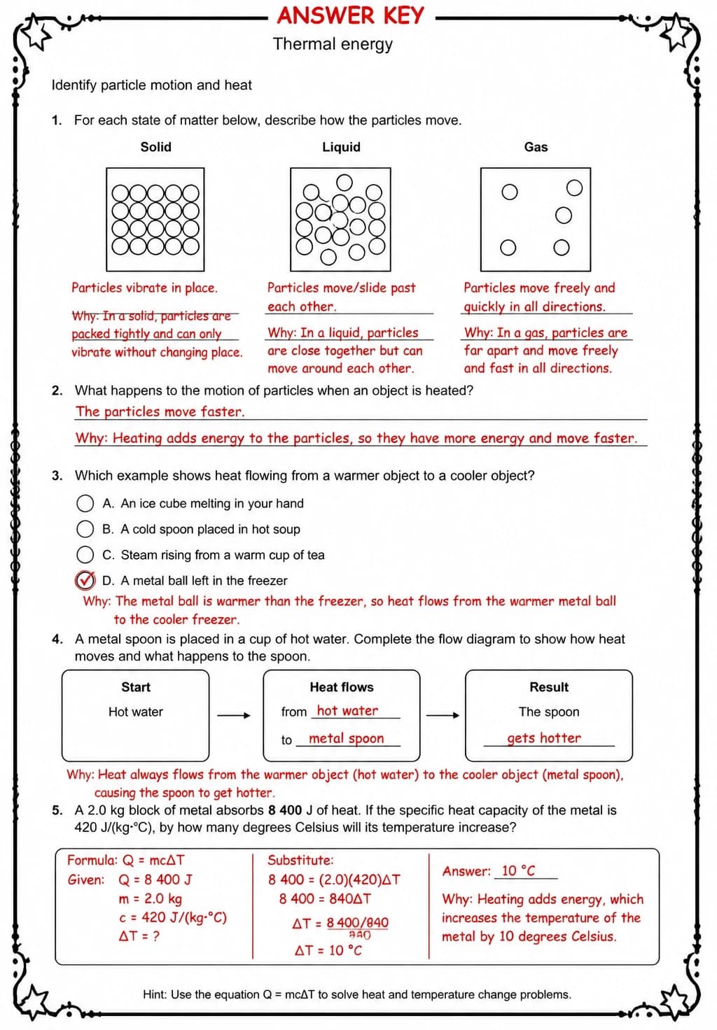 Answer key for Identify particle motion and heat — free printable Science worksheet