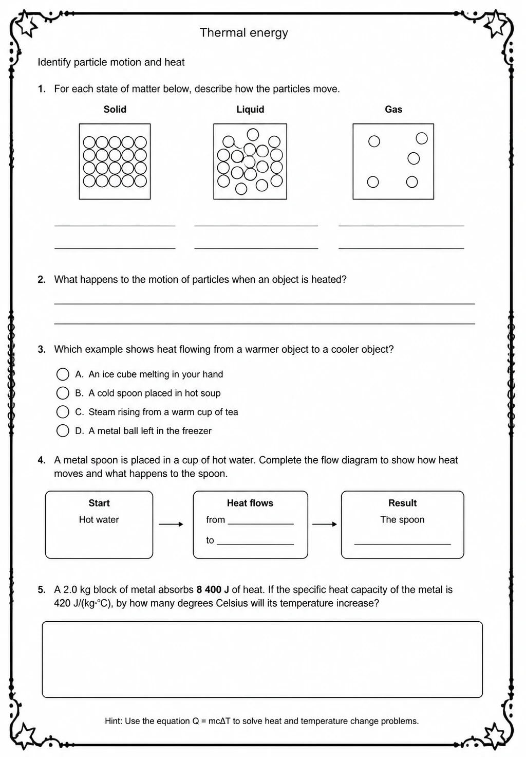 Identify particle motion and heat — free printable Middle School Science worksheet
