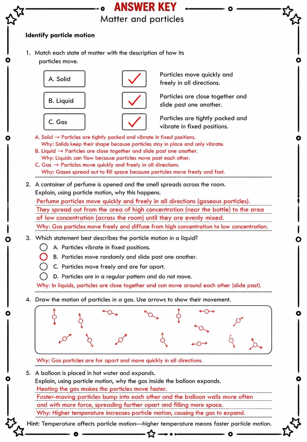 Answer key for Identify particle motion — free printable Science worksheet