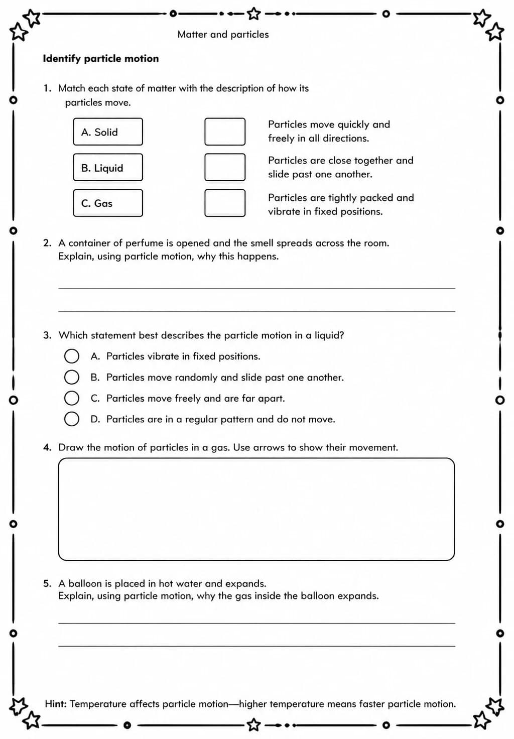 Identify particle motion — free printable Middle School Science worksheet