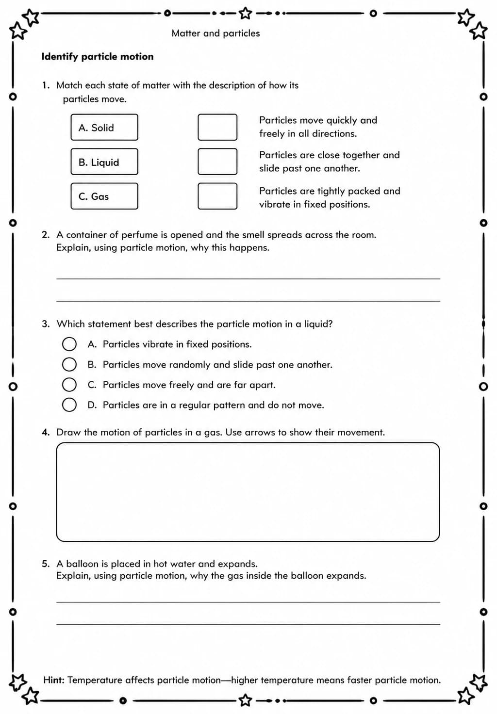 Identify particle motion — free printable Middle School Science worksheet