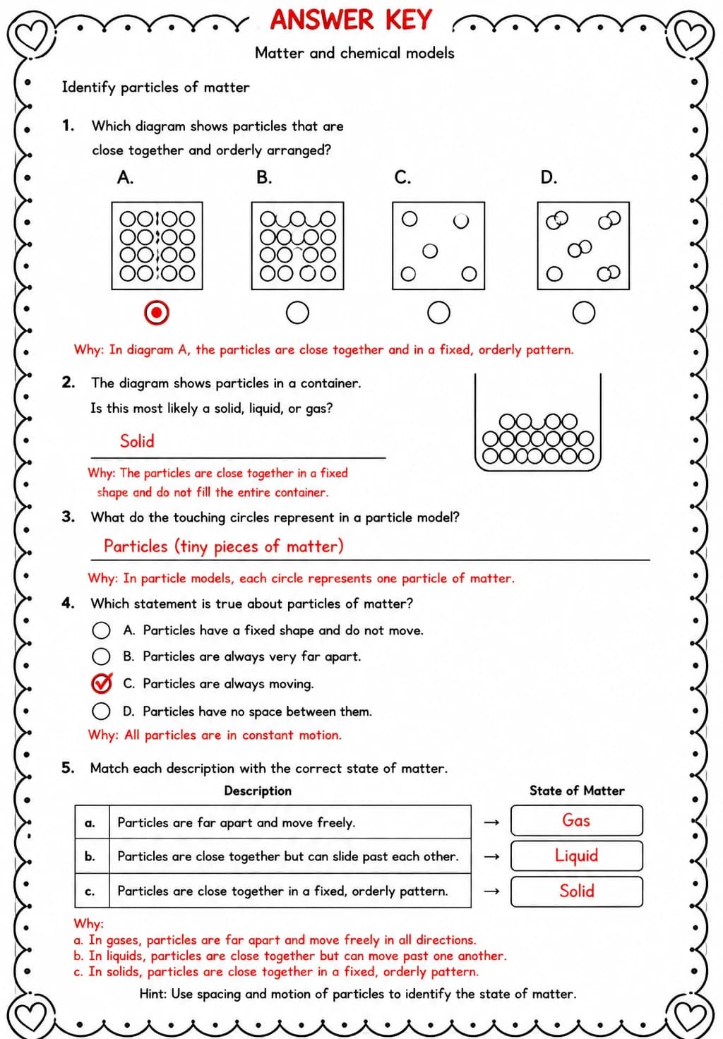 Answer key for Identify particles of matter — free printable Science worksheet