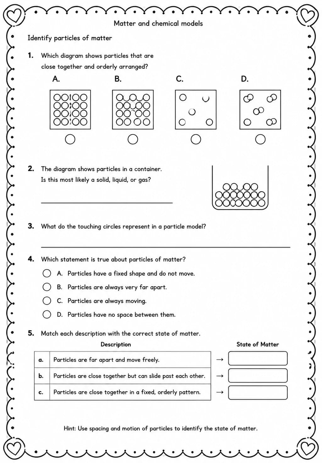 Identify particles of matter — free printable Grade 5 Science worksheet