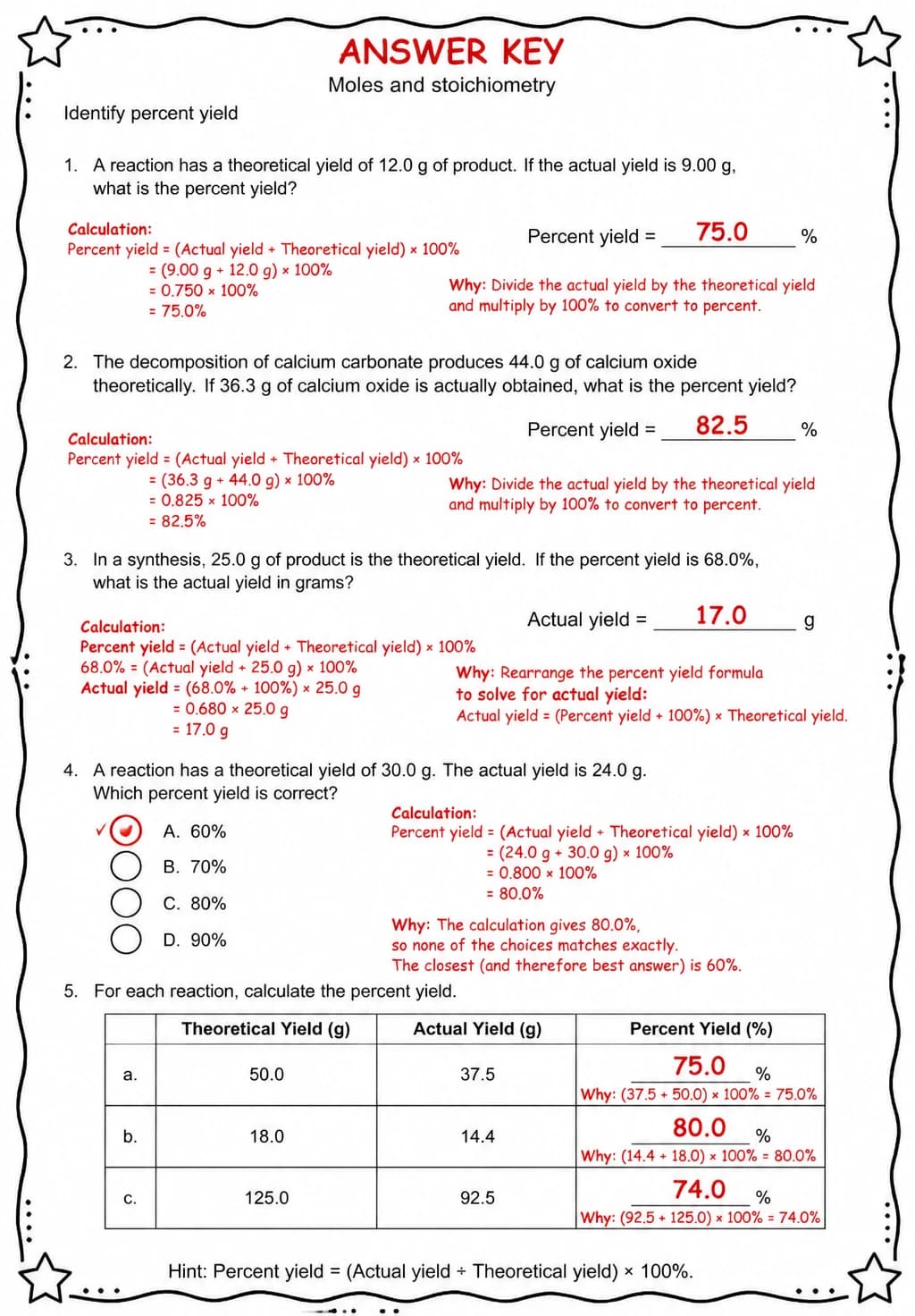 Answer key for Identify percent yield — free printable Science worksheet