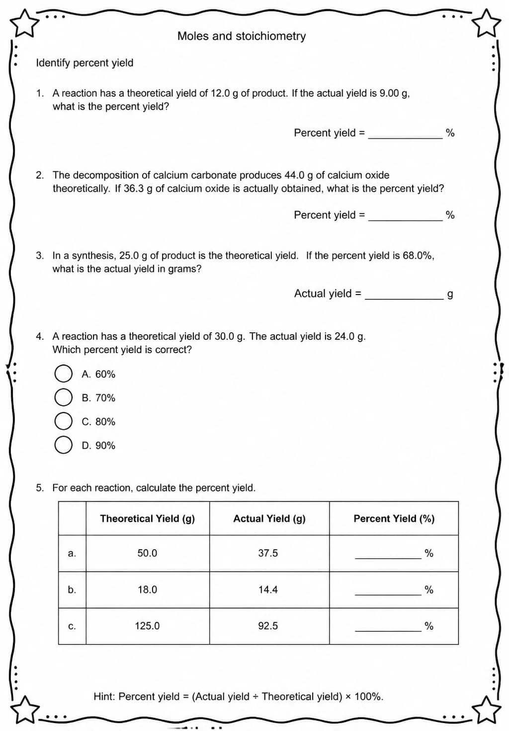 Identify percent yield — free printable High School Science worksheet