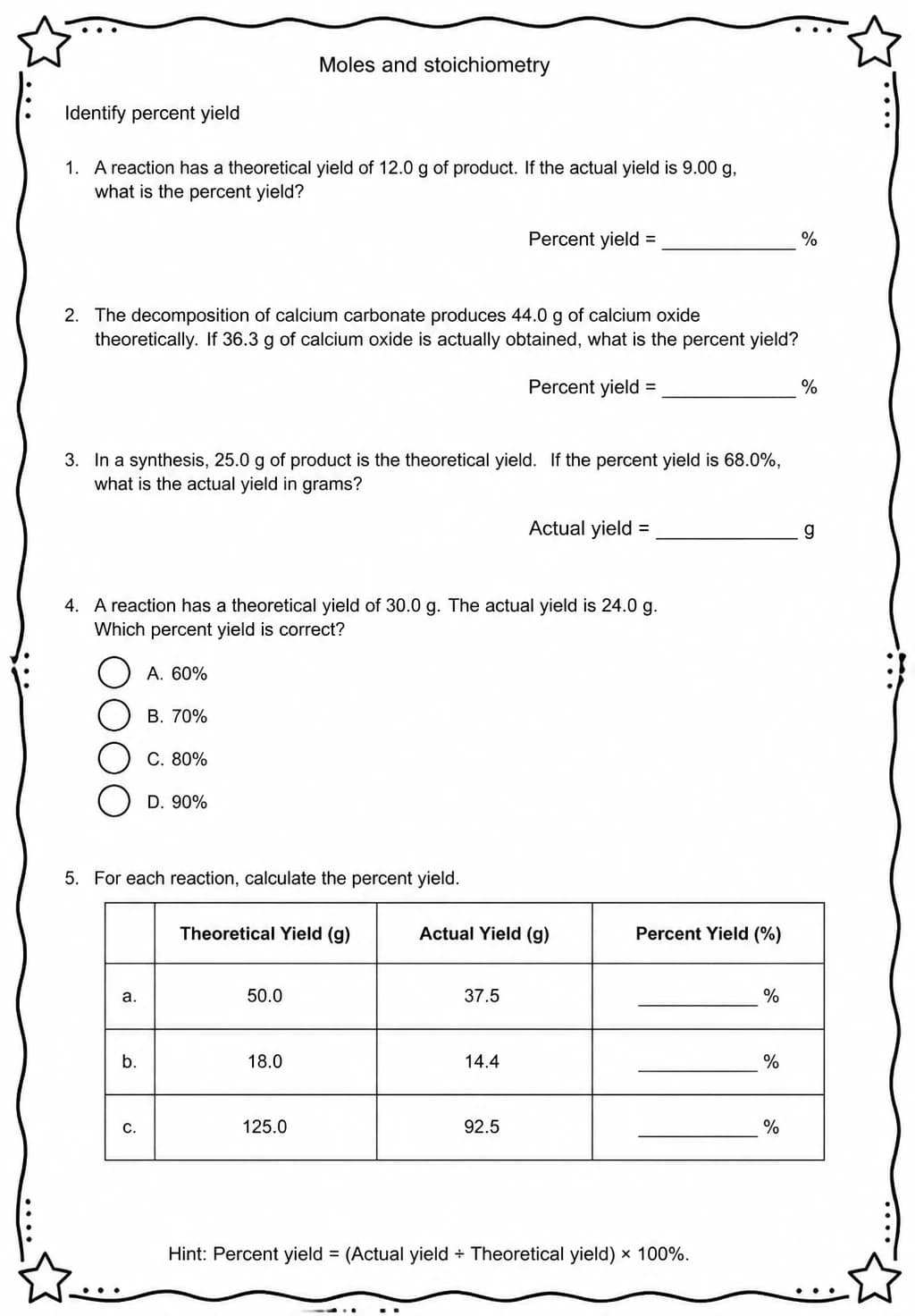 Identify percent yield — free printable High School Science worksheet