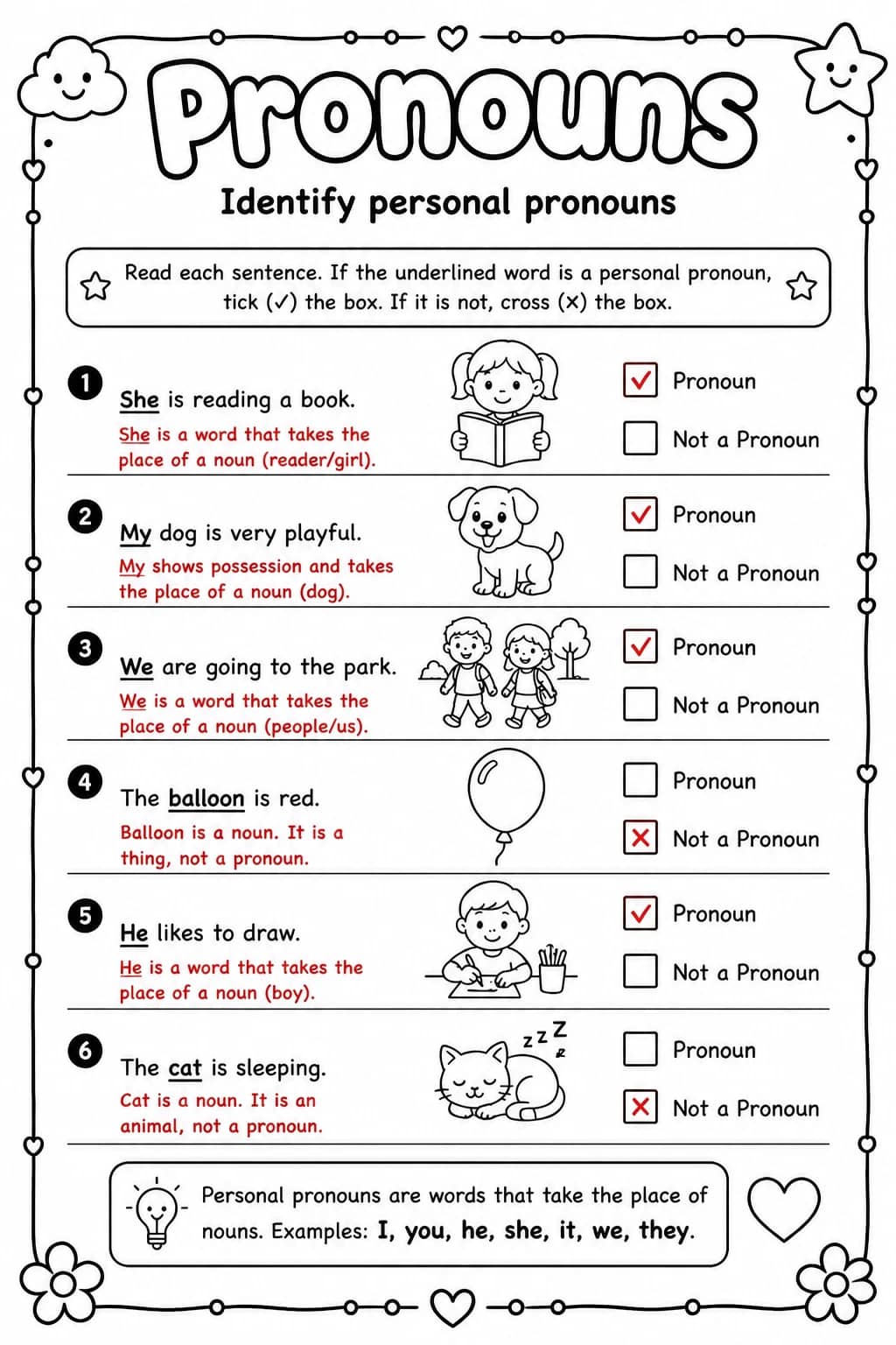 Answer key for Identify personal pronouns — free printable English & Reading worksheet