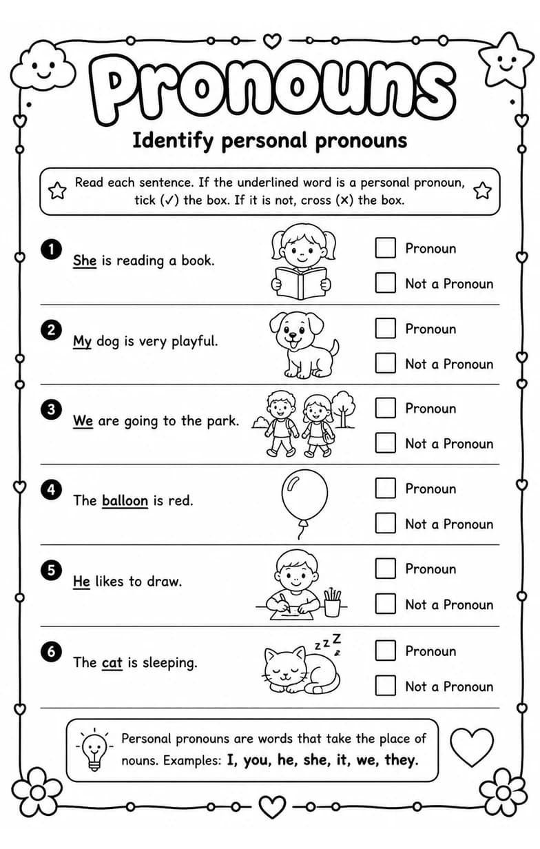 Identify personal pronouns — free printable Grade 2 English & Reading worksheet