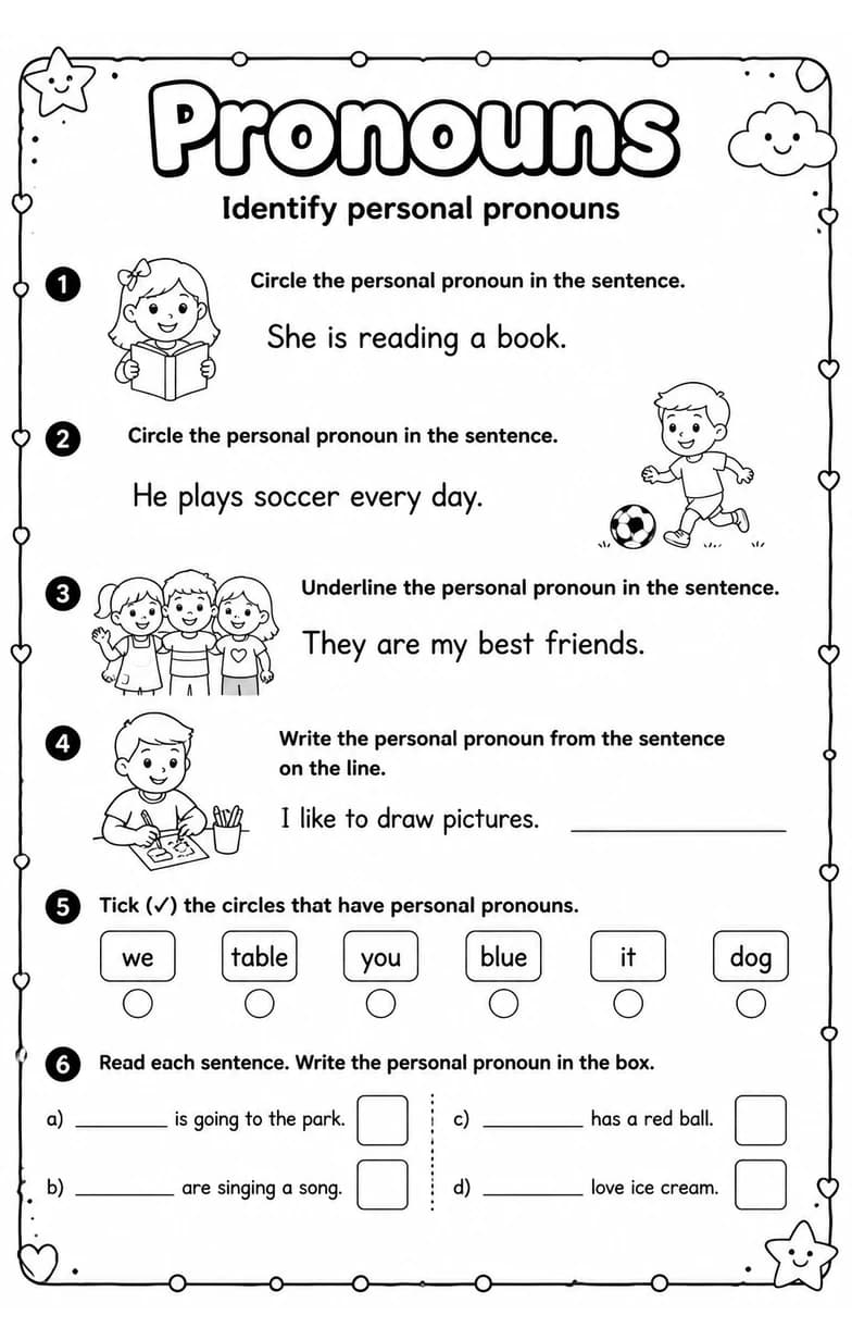 Identify personal pronouns — free printable Grade 3 English & Reading worksheet