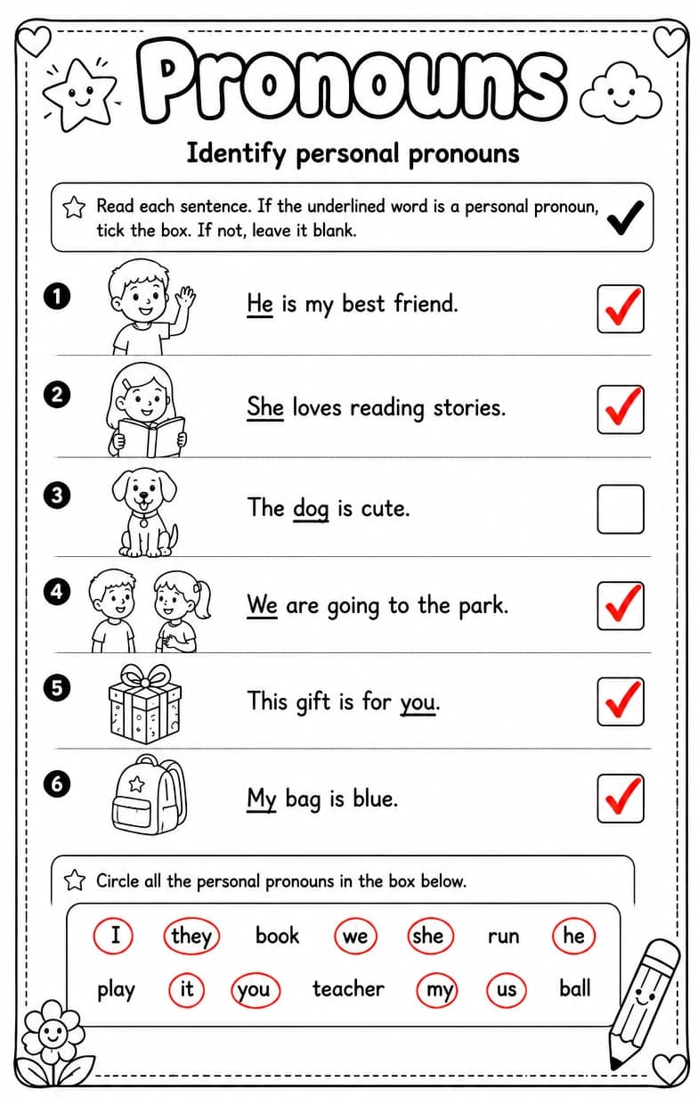 Answer key for Identify personal pronouns — free printable English & Reading worksheet
