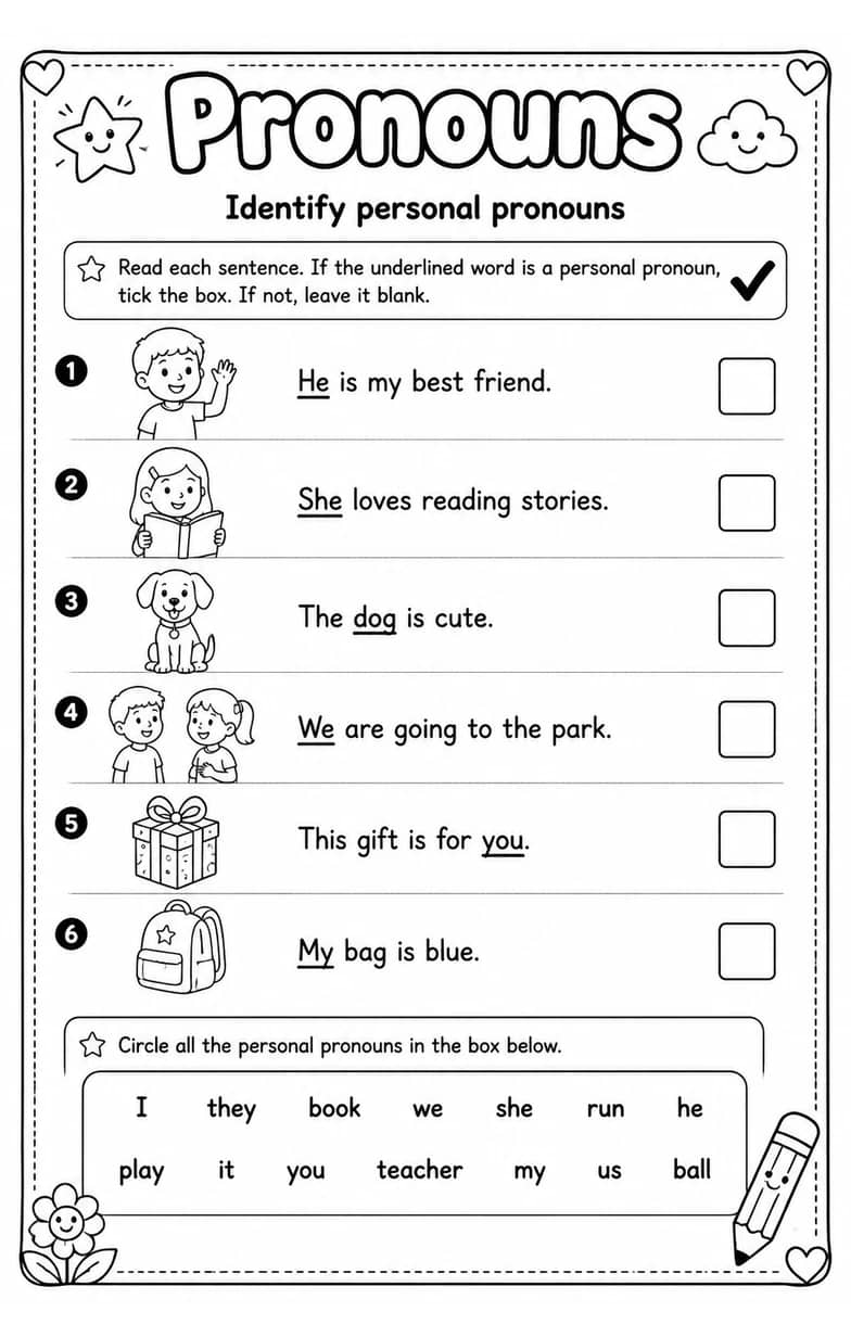 Identify personal pronouns — free printable Grammar and mechanics English worksheet