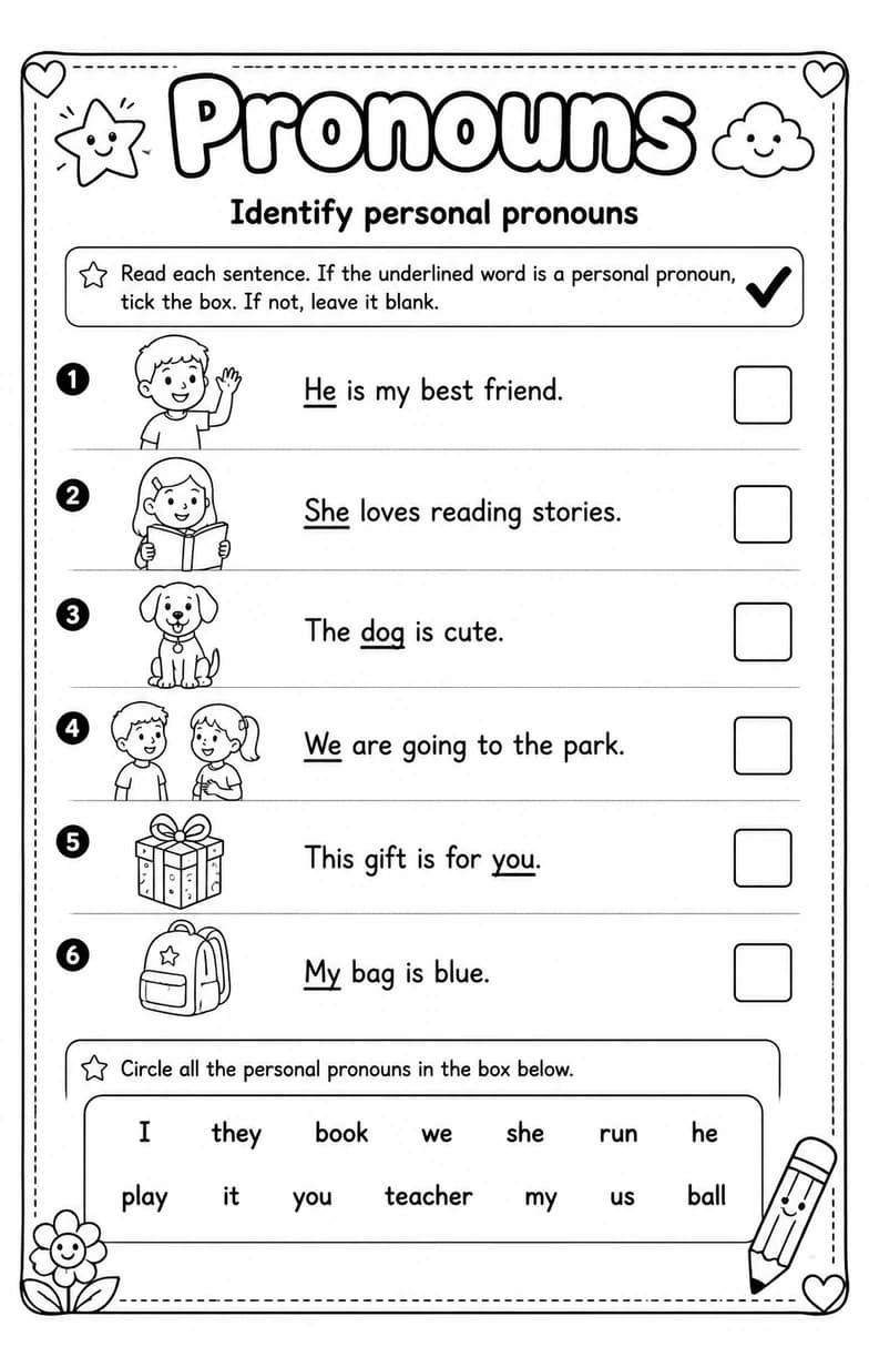 Identify personal pronouns — free printable Grade 4 English & Reading worksheet
