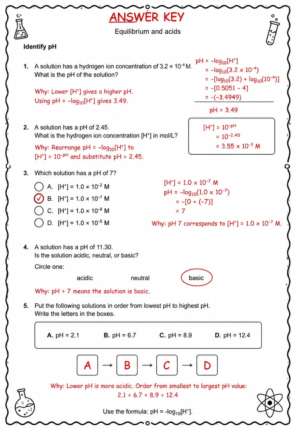 Answer key for Identify pH — free printable Science worksheet