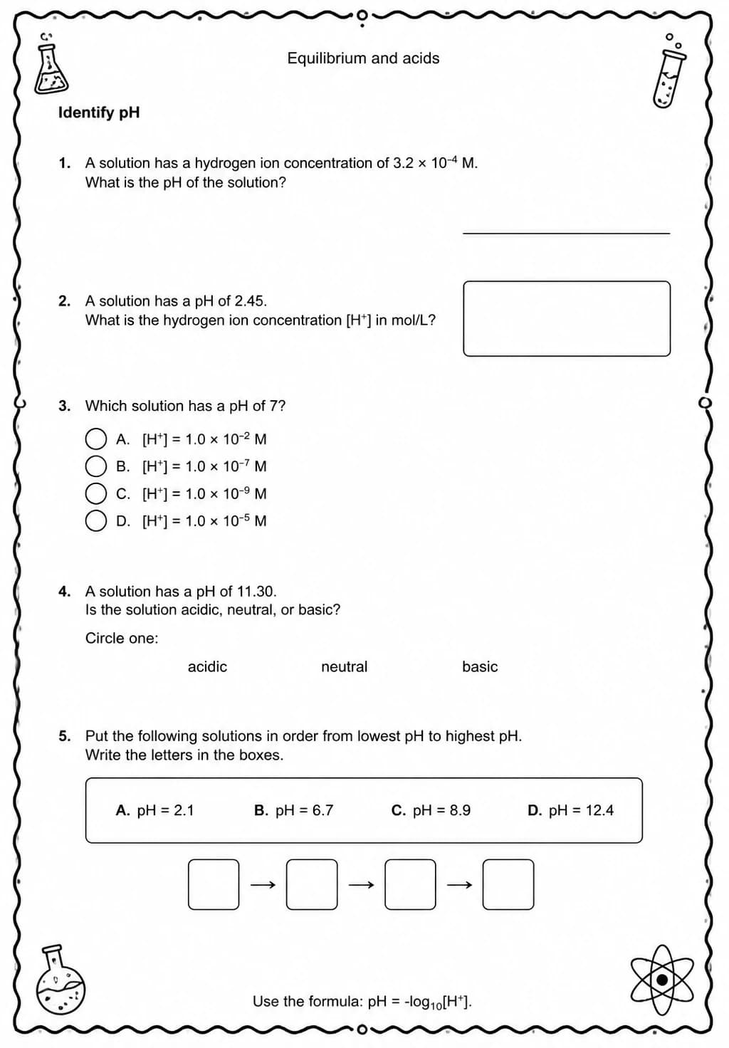 Identify pH — free printable High School Science worksheet