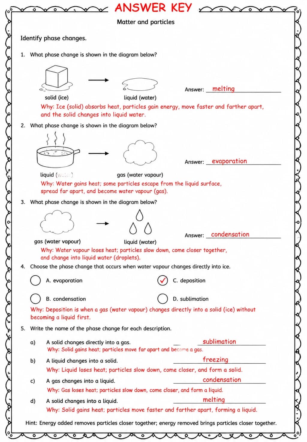 Answer key for Identify phase changes — free printable Science worksheet