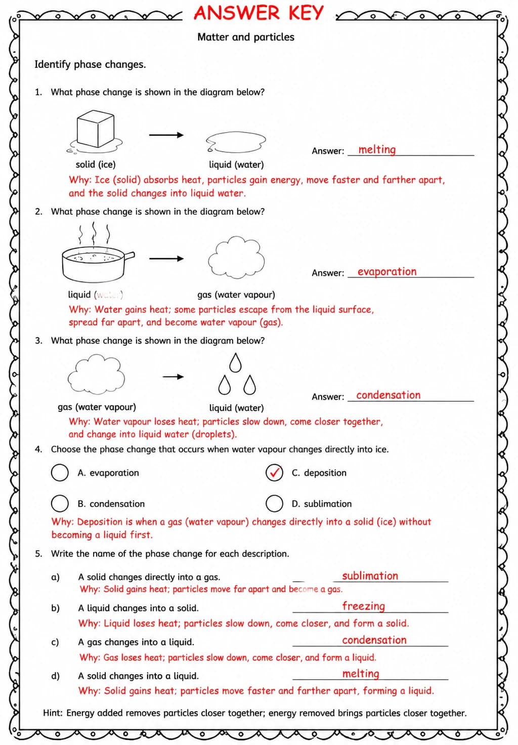 Answer key for Identify phase changes — free printable Science worksheet
