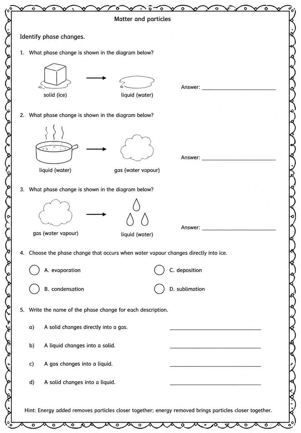 Identify phase changes — free printable Middle School Science worksheet