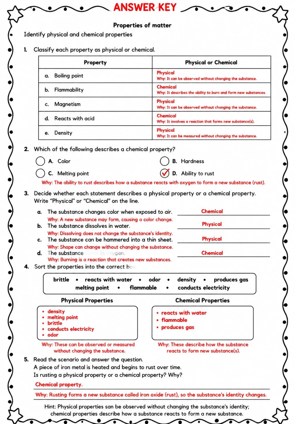 Answer key for Identify physical and chemical properties — free printable Science worksheet