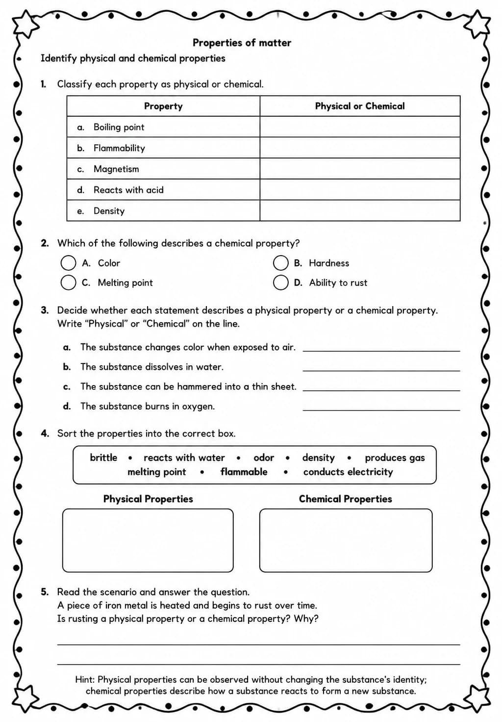 Identify physical and chemical properties — free printable Grade 5 Science worksheet