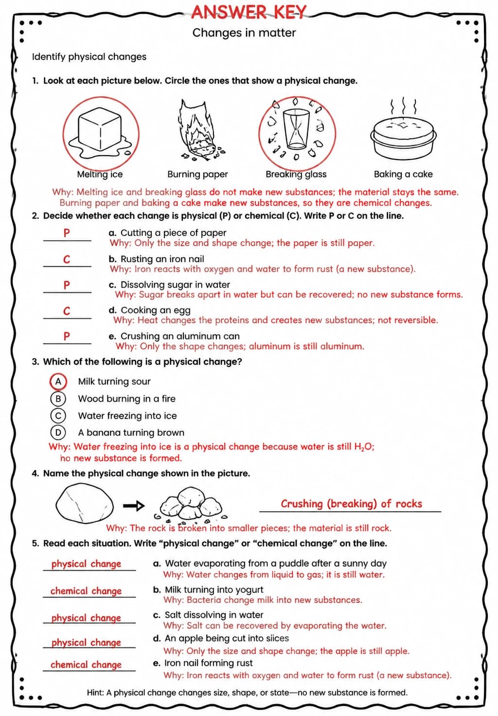 Answer key for Identify physical changes — free printable Science worksheet