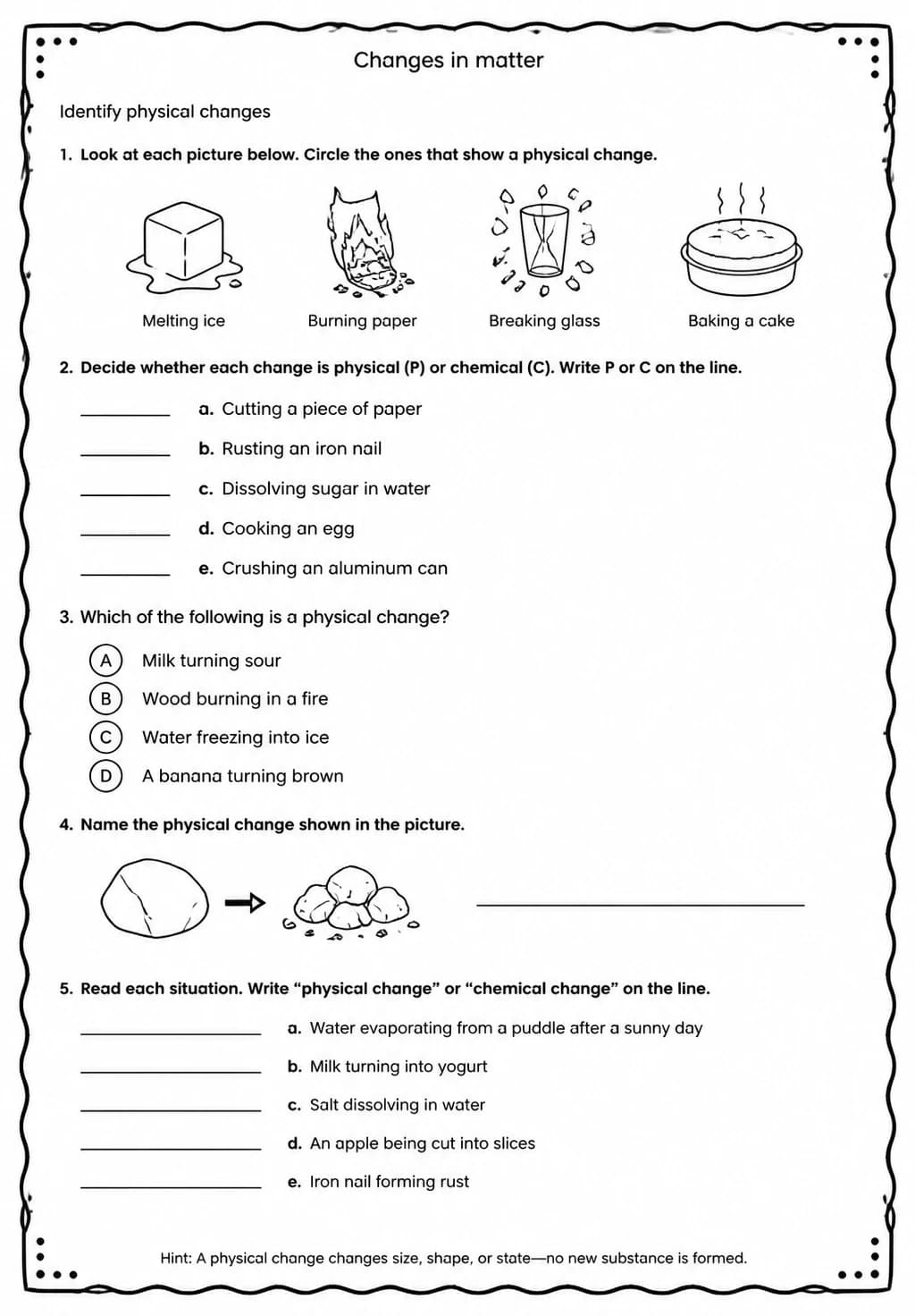 Identify physical changes — free printable Grade 5 Science worksheet