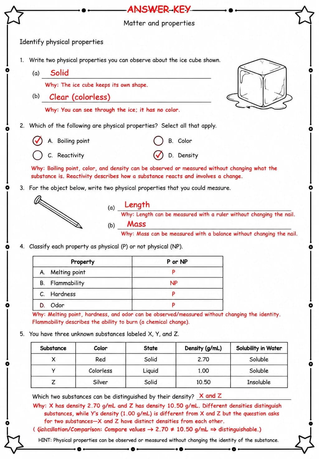 Answer key for Identify physical properties — free printable Science worksheet