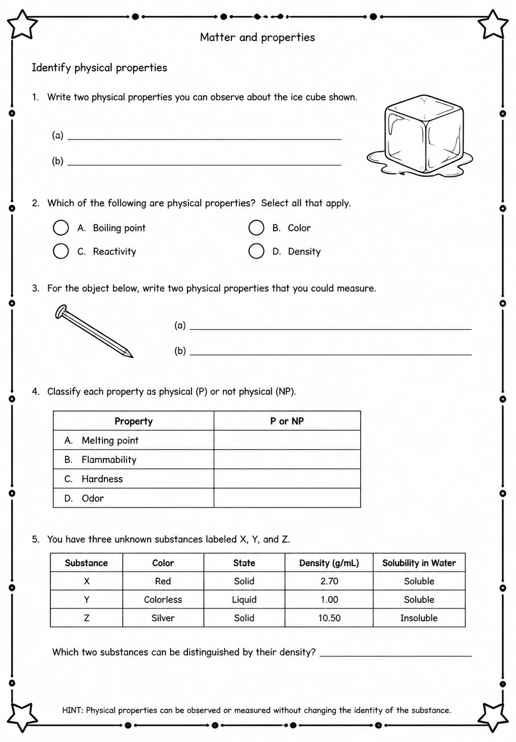 Identify physical properties — free printable High School Science worksheet