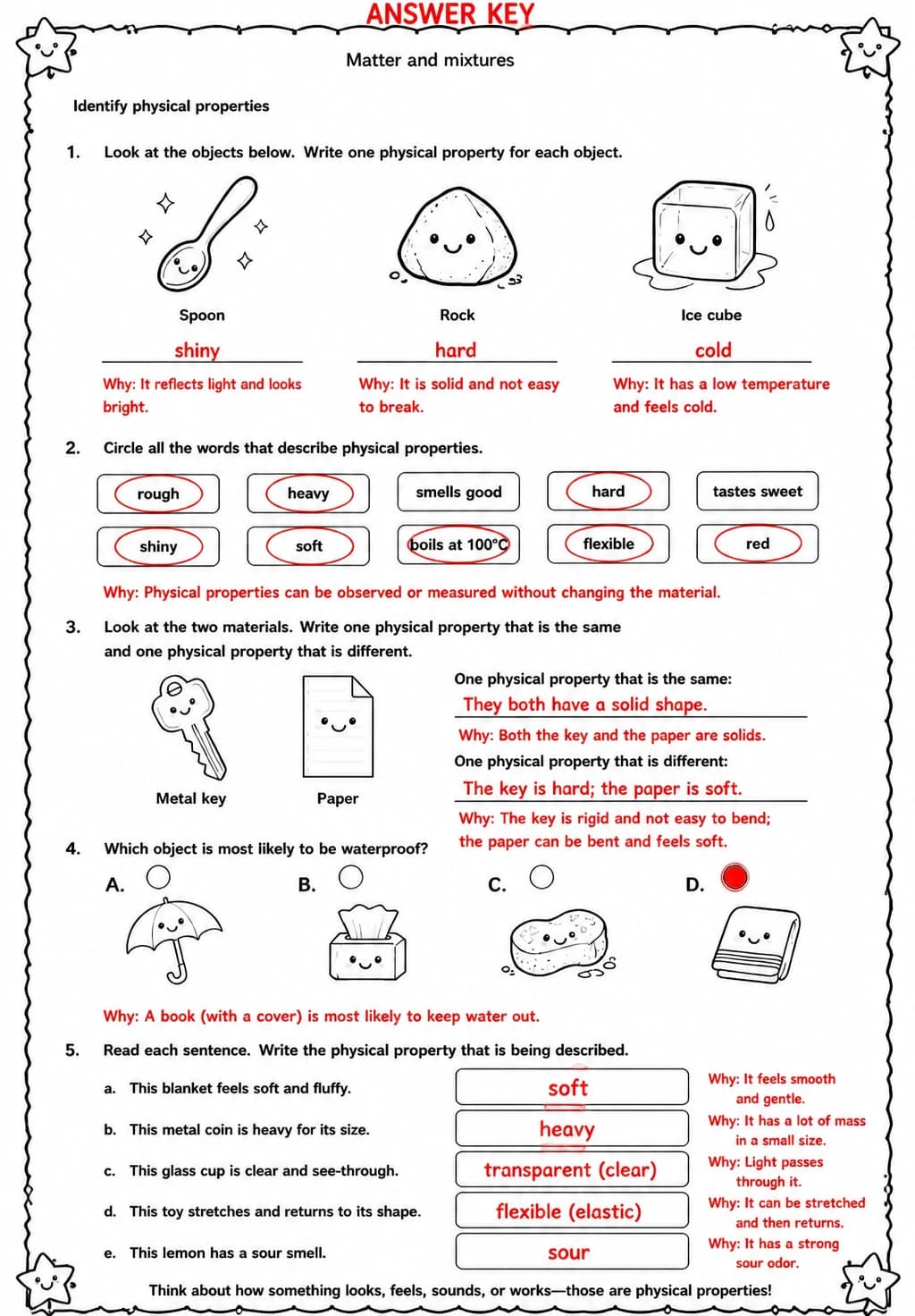 Answer key for Identify physical properties — free printable Science worksheet