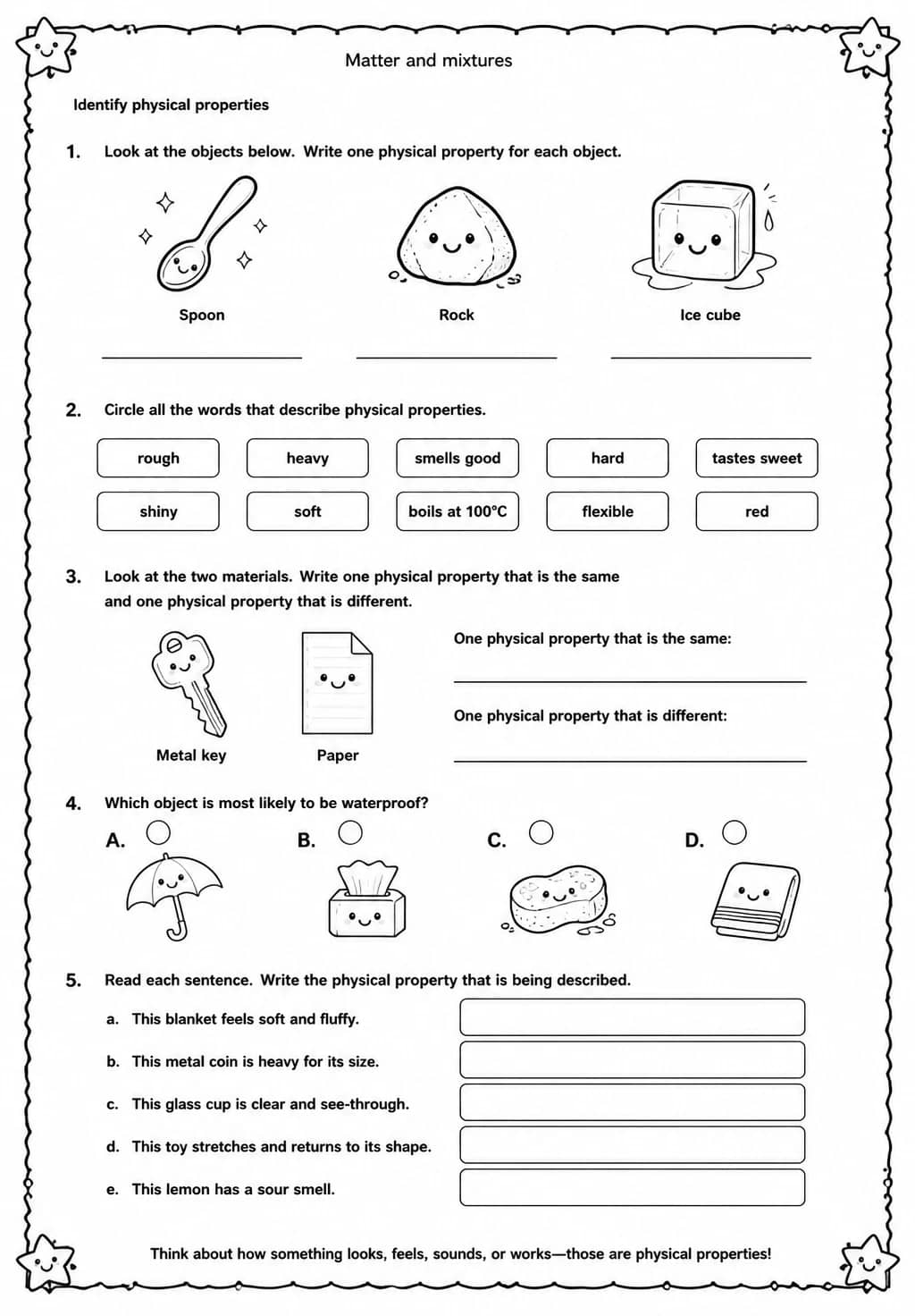 Identify physical properties — free printable Grade 4 Science worksheet