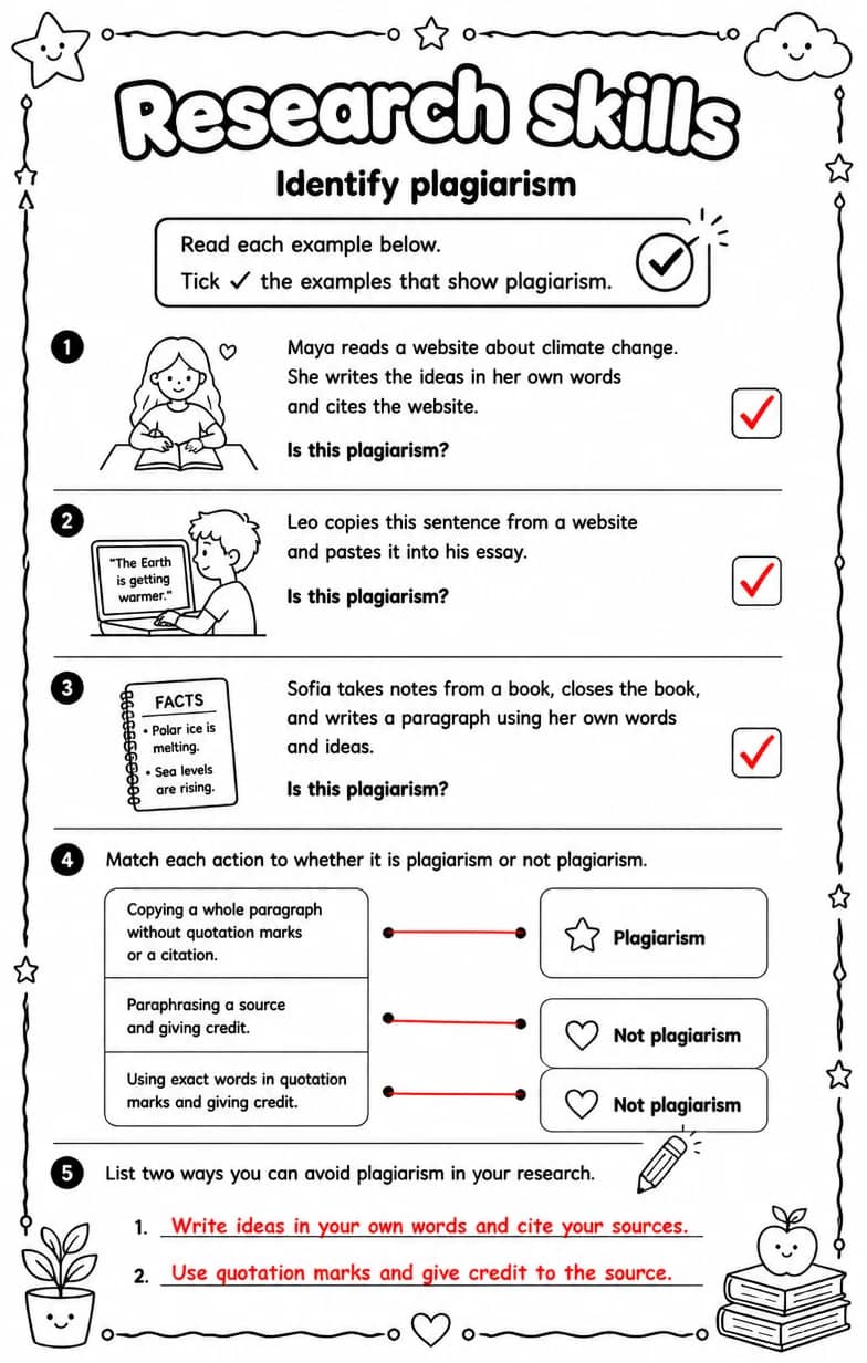 Answer key for Identify plagiarism — free printable English & Reading worksheet