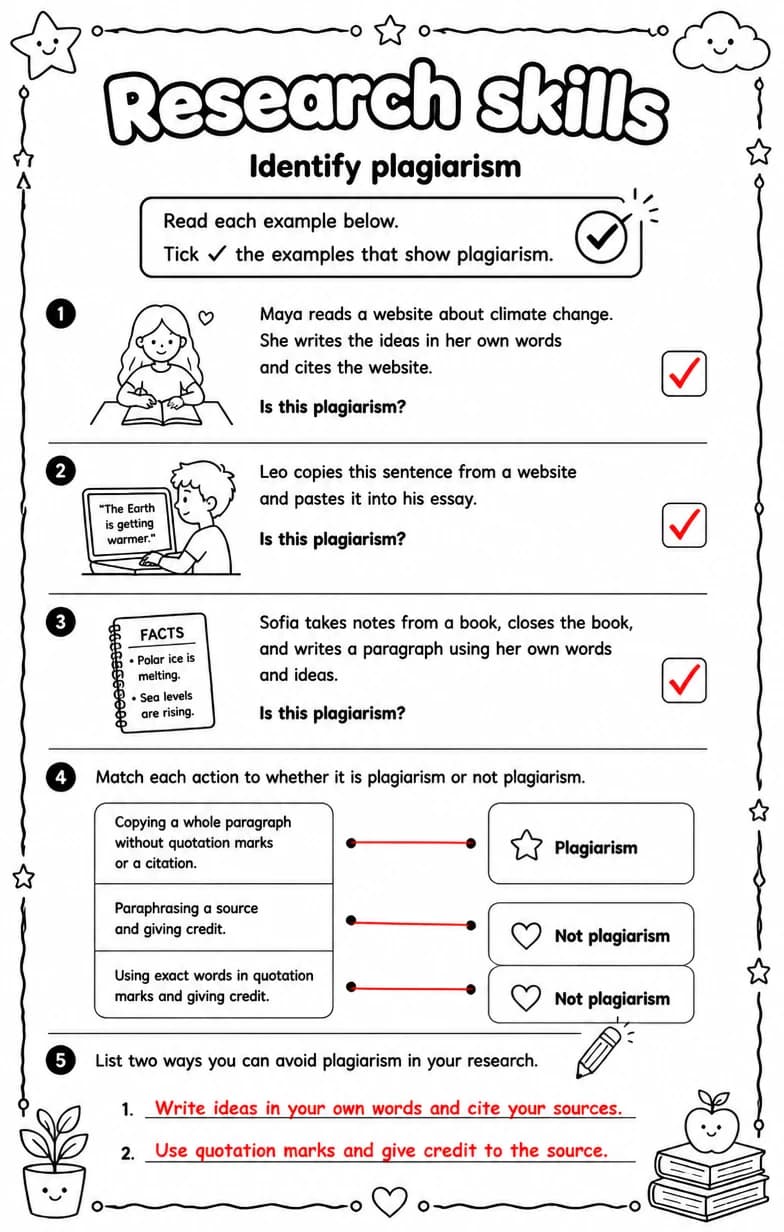 Answer key for Identify plagiarism — free printable English & Reading worksheet