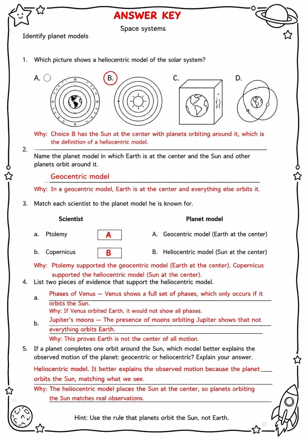 Answer key for Identify planet models — free printable Science worksheet