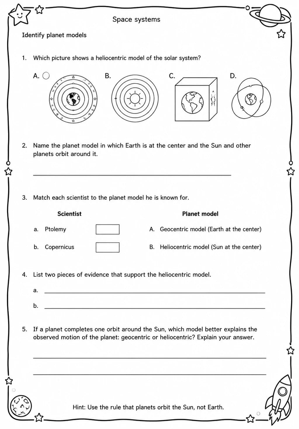 Identify planet models — free printable Grade 5 Science worksheet