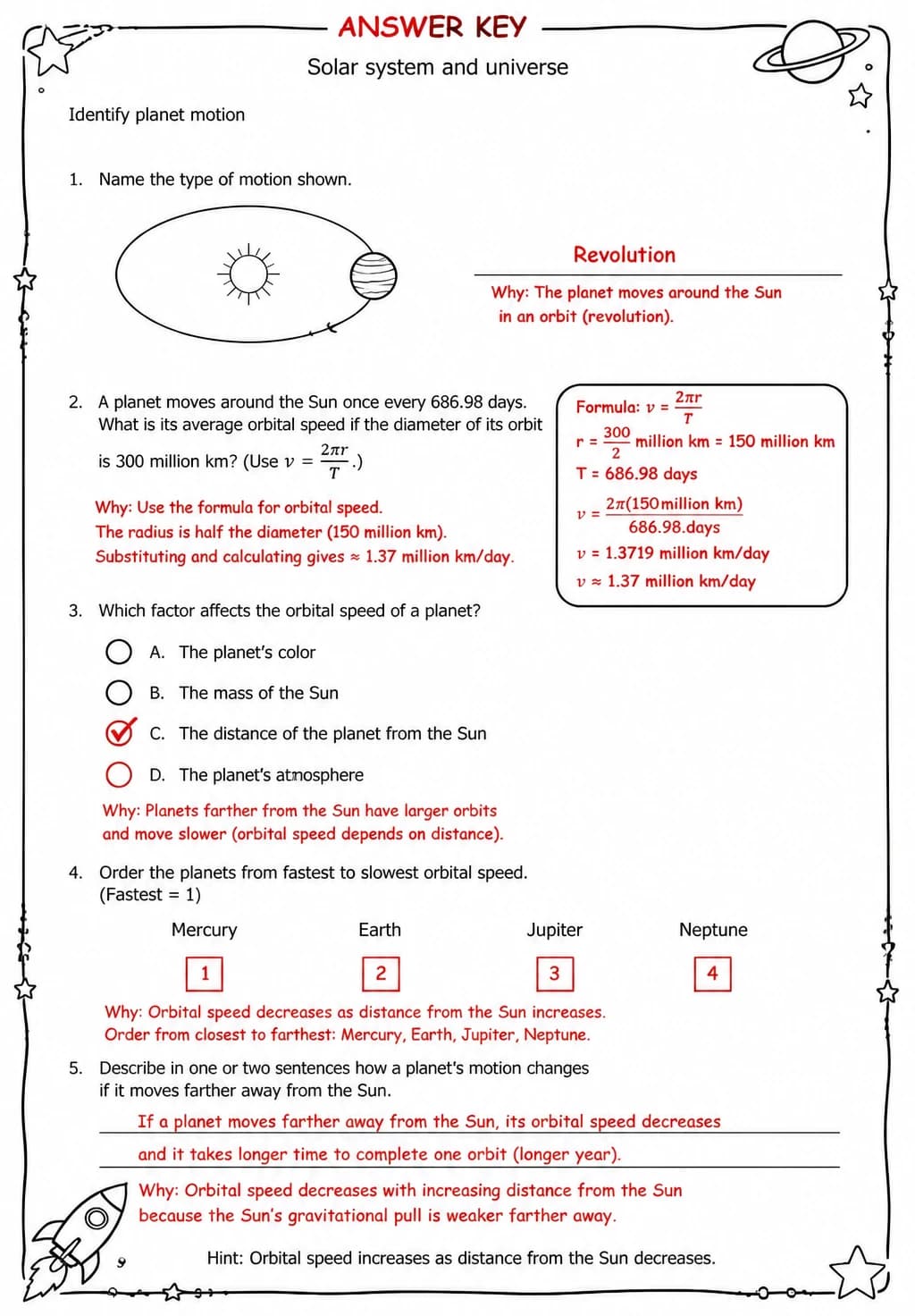 Answer key for Identify planet motion — free printable Science worksheet