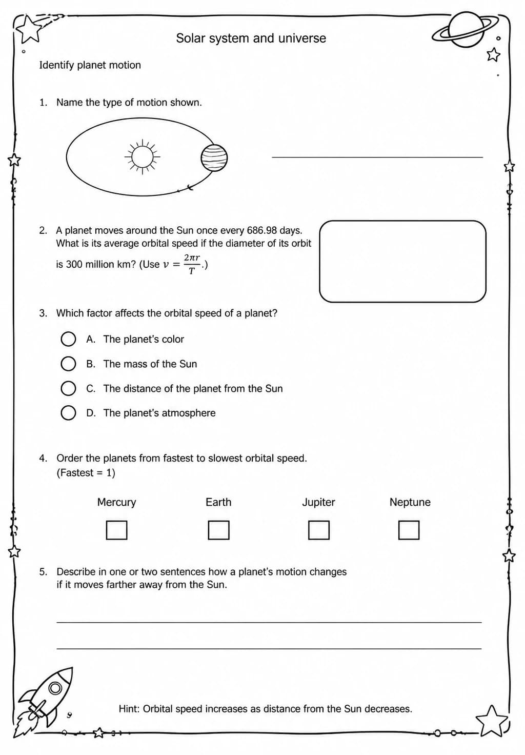 Identify planet motion — free printable Middle School Science worksheet