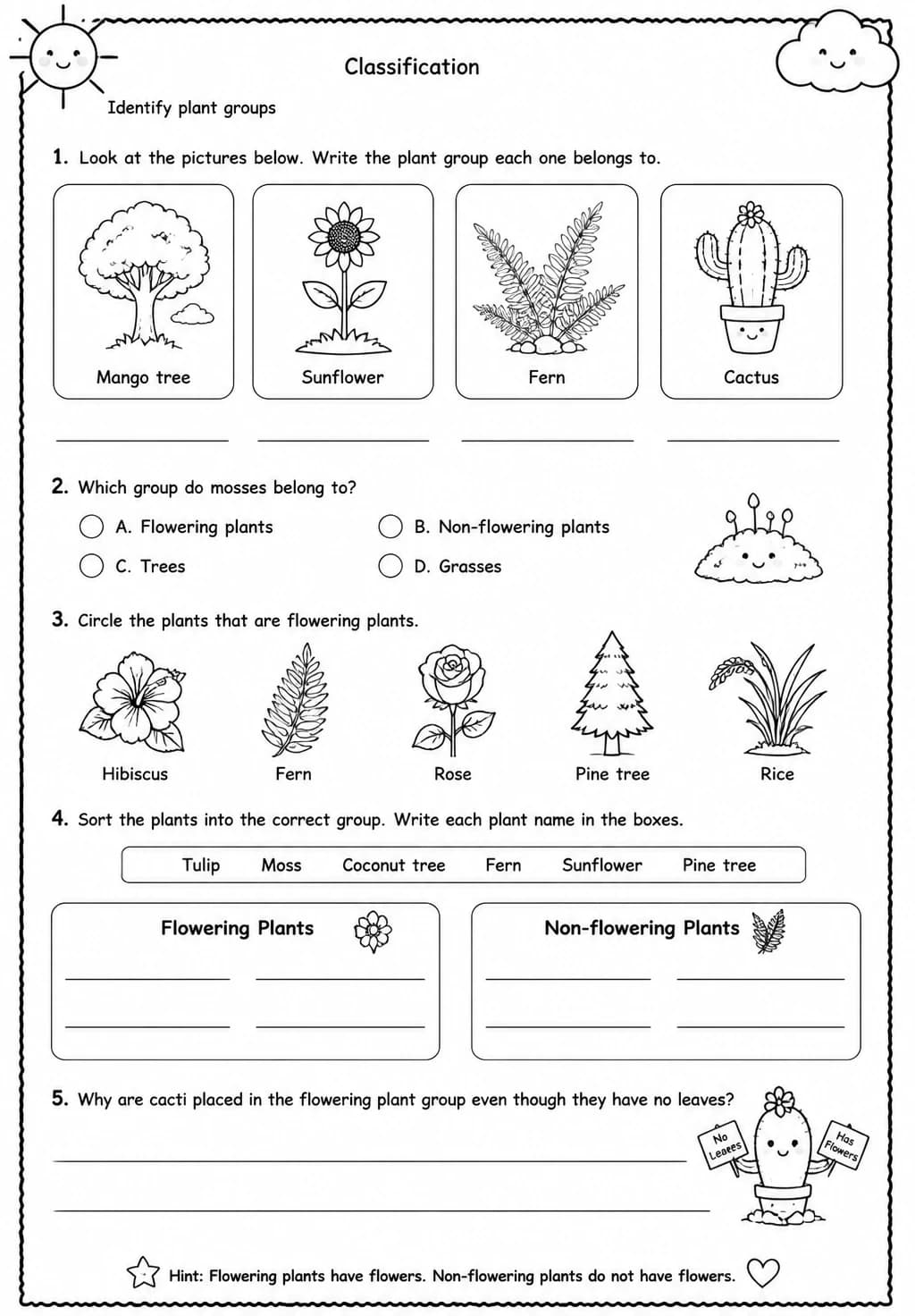 Identify plant groups — free printable Grade 2 Science worksheet