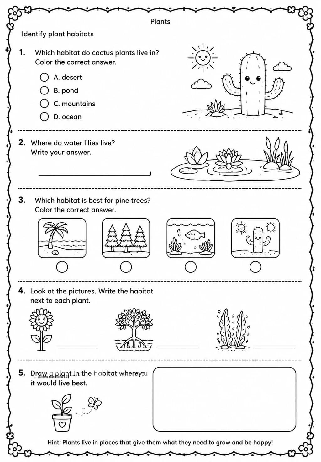 Identify plant habitats — free printable Grade 1 Science worksheet